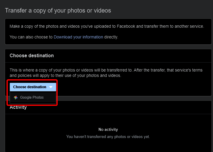 select destinagtion for facebook photo transfer 