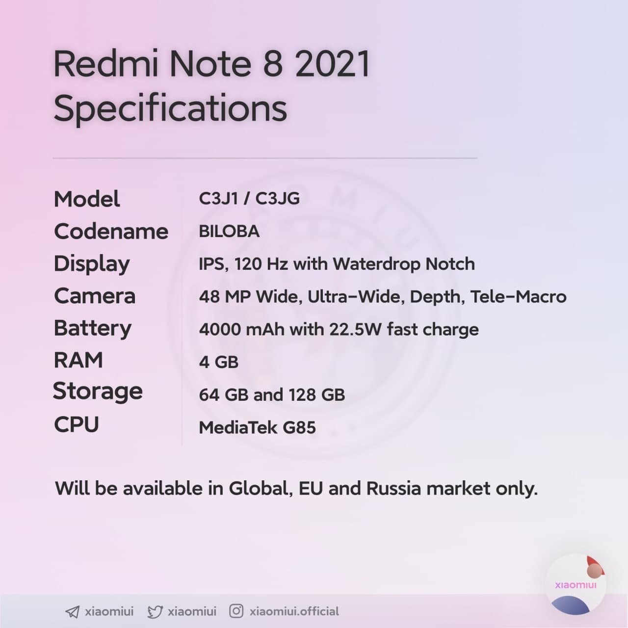 Redmi Note 8 (2021) Specification Leaked, Will Release In Selected Market